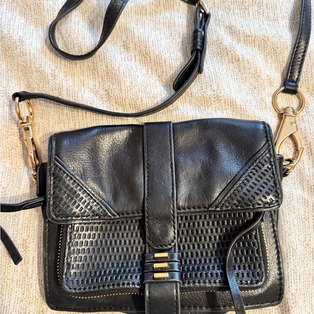 She + Lo black leather moto Crossbody Bag